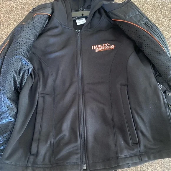 Authentic 3 in 1 Harley Davidson Black Orange Miss Enthusiast Leather Jacket Lrg - Picture 10 of 15